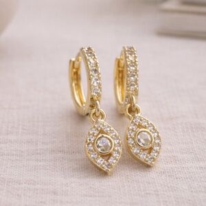 18k gold EVIL EYE dangle huggie earrings, 1 inch long, HYPOALLERGENIC